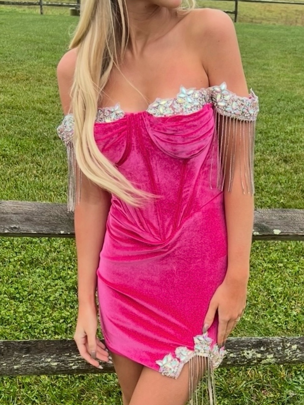 Portia and Scarlett Hot Pink Off-Shoulder Velvet Mini Dress with Crystal Fringe